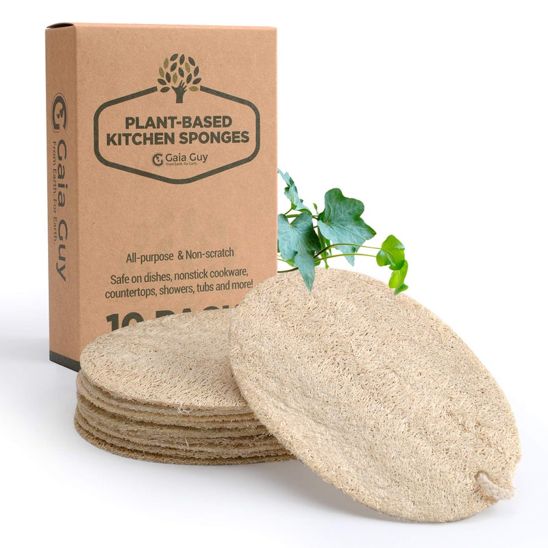 Gaia Guy Natural Loofah Dish Sponge - 10 Pack (6 + 4 Bonus) - 100% Plant-Based, Plastic-Free Kitchen Scrubber Pads | Compostable & Zero Waste Alternative to Traditional Sponges - Image 1